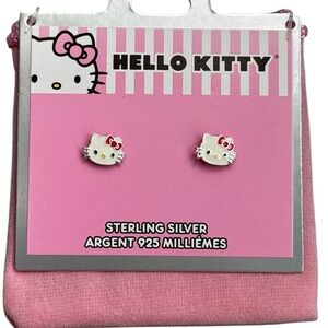 NIB Hello Kitty Sterling Silver Stud Post Earrings Pink and White with Red Bow